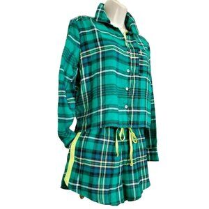 Colsie PJ Flannel Night Shirt Short Set Sz XS Long Sleeve Green Plaid NEW